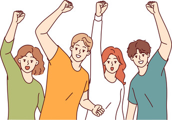 Wall Mural - Community of joyful people celebrates victory by raising hands and shouting joyfully after achieving goals. Hurray, we won, say students rejoicing at victory in olympiad among universities