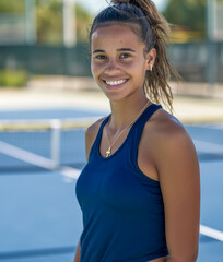 Smiling young woman in sports attire on a tennis court