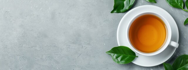 Sticker -  From above, a teacup rests on a saucer Surrounding it are emerald green leaves atop a gray stone table