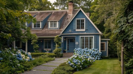 The serene blue exterior of a Suburban Cape Cod home complemented by a well-kept hydrangea garden