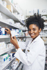 Sticker - Pharmacist, portrait and black woman with product in clinic for medicine stock, reading and check information on label. Smile, female person and pills box for medical inventory, inspection and retail