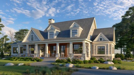 The sophisticated exterior of a Suburban Cape Cod home, with clean lines and a harmonious blend of natural stone and wood materials