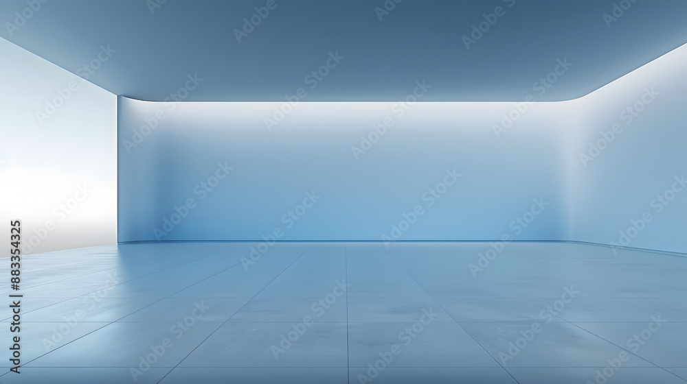 Universal minimalistic blue background for presentation. A light blue wall in the interior with beautiful built-in lighting and a smooth floor.