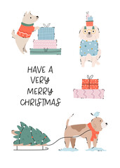 Wall Mural - Winter Christmas greeting card with holiday dogs and gift boxes.