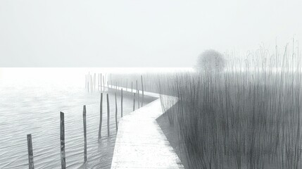 Poster -   A monochrome photograph depicts a trail that leads to a water body with poles emerging from it