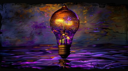 Poster -  A yellow light bulb rests atop a table with purple liquid, adjacent to the purple-yellow wall