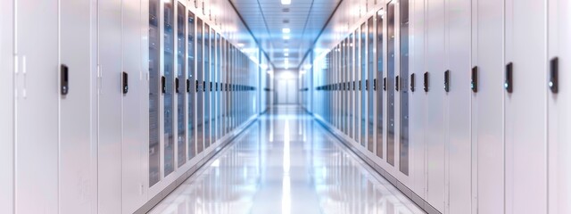 Poster -  A long hallway in a data center Rows of lockers line both sides End is marked by a blue light