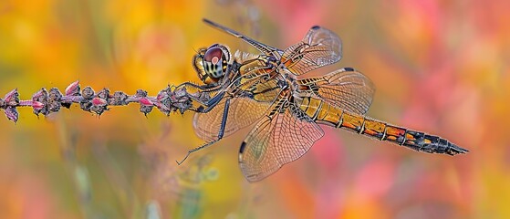 Sticker -   A photo of a dragonfly on a plant surrounded by yellow, red, and pink flowers