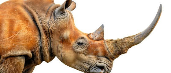 Poster -   Rhino's face with nose to ground on white background - close up