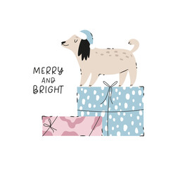 Wall Mural - Holiday Christmas card with funny dog walking by gift boxes. Greeting card design, hand drawn illustration