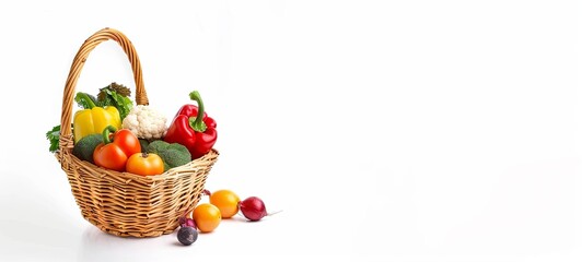 Fresh vegetables in a basket isolated on a white background. place for text. 