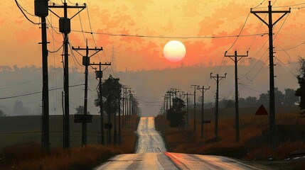 Sticker -   A painting of the sunset on a rural road with power lines in the foreground and telephone poles behind