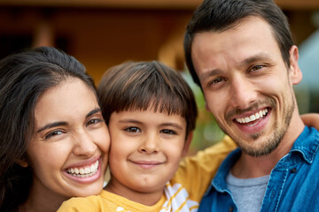 Poster - Family, portrait and outside home with mother, parents and son together. Love, smile and father relax with mama and happy child in house garden with support and care in backyard for childhood