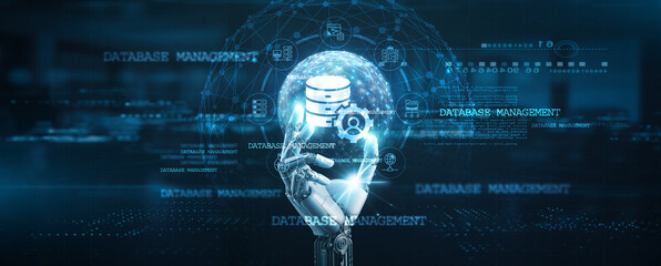 Poster - database management, hands of robot hold database management tools, data integration, storage soluti