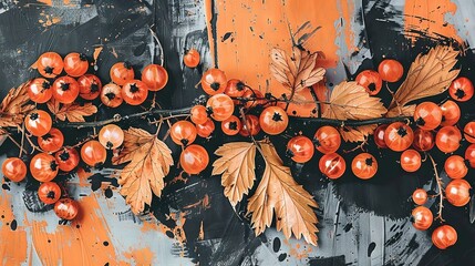 Poster -   Close-up image of a cluster of berries on a leafy branch, set against a weathered wooden background with visible paint chips