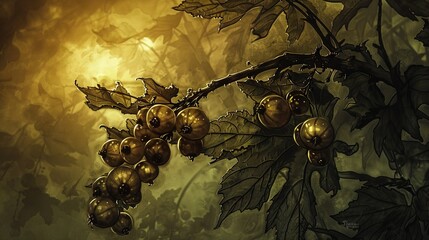 Sticker -   A cluster of red berries adorns a tree branch, glistening with water droplets The yellow ambiance illuminates the scene