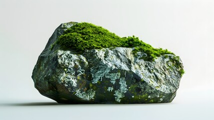 Large stone covered with green moss isolated on white background. 