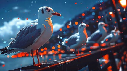 Poster -   Seagulls perched on fence, illuminated by night sky lights