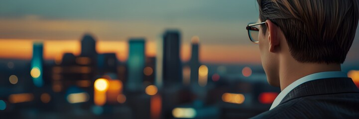 Wall Mural - A business man looking advanced city skylines at evening 