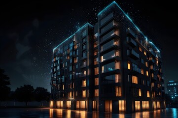 Wall Mural - building at night with glowing lights, urban building with lights