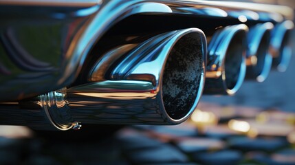 Canvas Print - Close-up of a car胢s exhaust pipes showcasing a sleek and polished metal surface reflecting light.