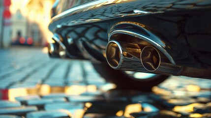 Canvas Print - Close-up shot of a car's exhaust pipes on a cobblestone street reflecting warm light.