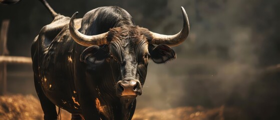 Canvas Print - A Black Bull Stands in a Dusty Field