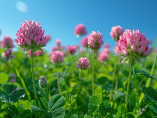 A vibrant field of pink clover flowers in full bloom under a clear blue sky captures the beauty of nature with fresh green foliage and glowing light