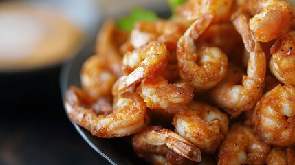 Poster - Close-up of a plate filled with seasoned and cooked shrimp, showcasing their golden-brown texture and deliciously crispy appearance.