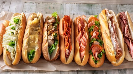 Poster - A variety of freshly made sandwiches with different fillings including meats, cheese, lettuce, and tomatoes arranged on paper.