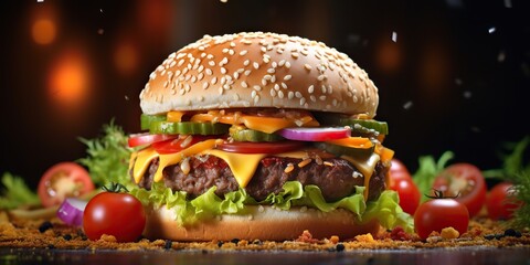 Wall Mural - A big burger cheesburger hamburger with meat bbq and many salad vegetables and bread buns