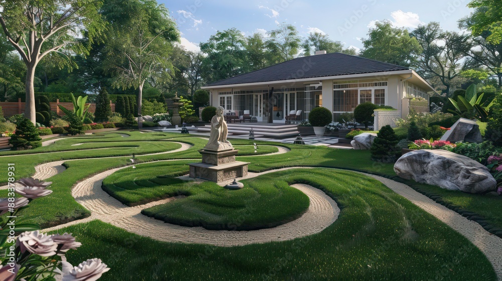Suburban Colonial home with a backyard labyrinth, designed for ...