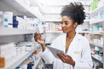 Poster - Black woman, tablet and pharmacist check inventory for medicine, stock or reading product label. Tech, pharmacy and medical worker with drugs for online prescription order, information or healthcare