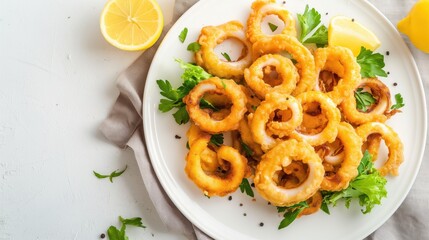 Wall Mural - A plate of crispy fried calamari rings garnished with fresh parsley and lemon wedges on a white table.