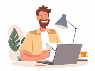 A happy man holding an envelope in his hand, sitting at the laptop and typing on it with one finger flat illustration style, white background Generative AI