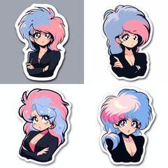 Poster - Set of retro anime style female personages with glam rock look. Colletction of cute cartoon girls with long blue hair wearing suit.