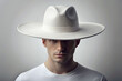© Adisorn - A minimalist white background showcases a solo, intricately designed male round hat, perfectly lit, with subtle shading, in a photorealistic AI-generated mockup design.