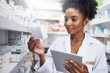Poster - Black woman, tablet and check inventory at pharmacy for medicine, stock and reading box label. Tech, pharmacist and medical worker with drugs for online prescription order, information or healthcare