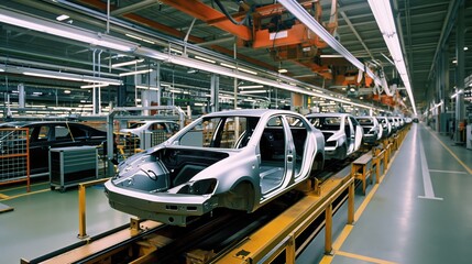 Sticker - An automotive production line with multiple car frames being assembled, highlighting an industrial manufacturing environment.