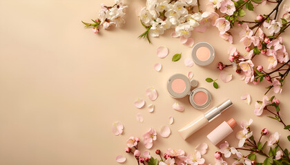 Wall Mural - Flat lay composition with different makeup products and beautiful spring flowers on beige background, space for text