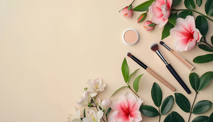 Wall Mural - Flat lay composition with different makeup products and beautiful spring flowers on beige background, space for text