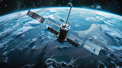 Aufkleber - A satellite in space with Earth blue horizon and black sky in the background, showcasing advanced technology for global communication and data collection. Generative AI.