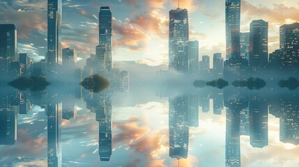 Wall Mural - A surreal cityscape with upside-down skyscrapers floating in a mirrored lake. Generative AI.