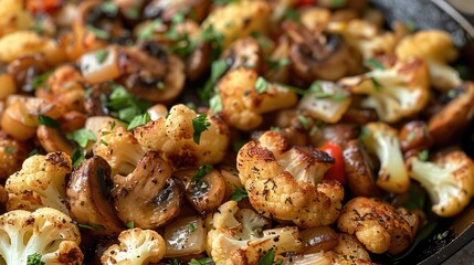 Wall Mural - Veggie Cauliflower Skillet with Garlic Mushrooms. Generative AI.