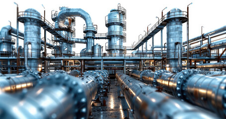 Fototapete - Pipelines in an oil refinery. isolated on white background. Generative AI.