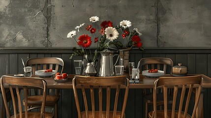   A wooden table, topped with a metal vase holding red and white flowers, sits alongside two wooden chairs