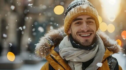 Handsome joyful man autumn portrait. Smiling men student wearing warm clothes in a city in winter. 