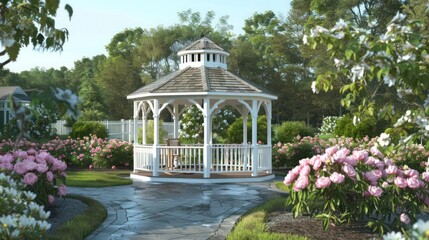 Back garden of a Cape Cod home with a simple yet elegant white gazebo, surrounded by peonies