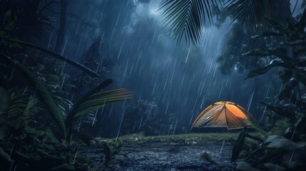 Canvas Print - Tent illuminated from within set up in a rain-soaked jungle at night, surrounded by dense foliage and heavy rainfall.