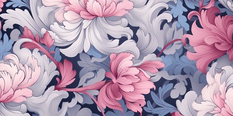 Wall Mural - Botanical foliage flowers plant pink and blue pattern decoration